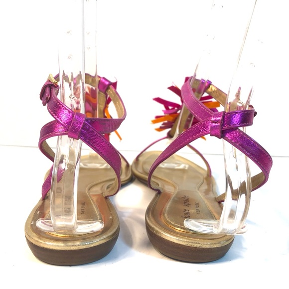 KATE SPADE Metallic Leather Pink & Orange Fringe Ankle Strap Flat Sandals - Picture 4 of 11